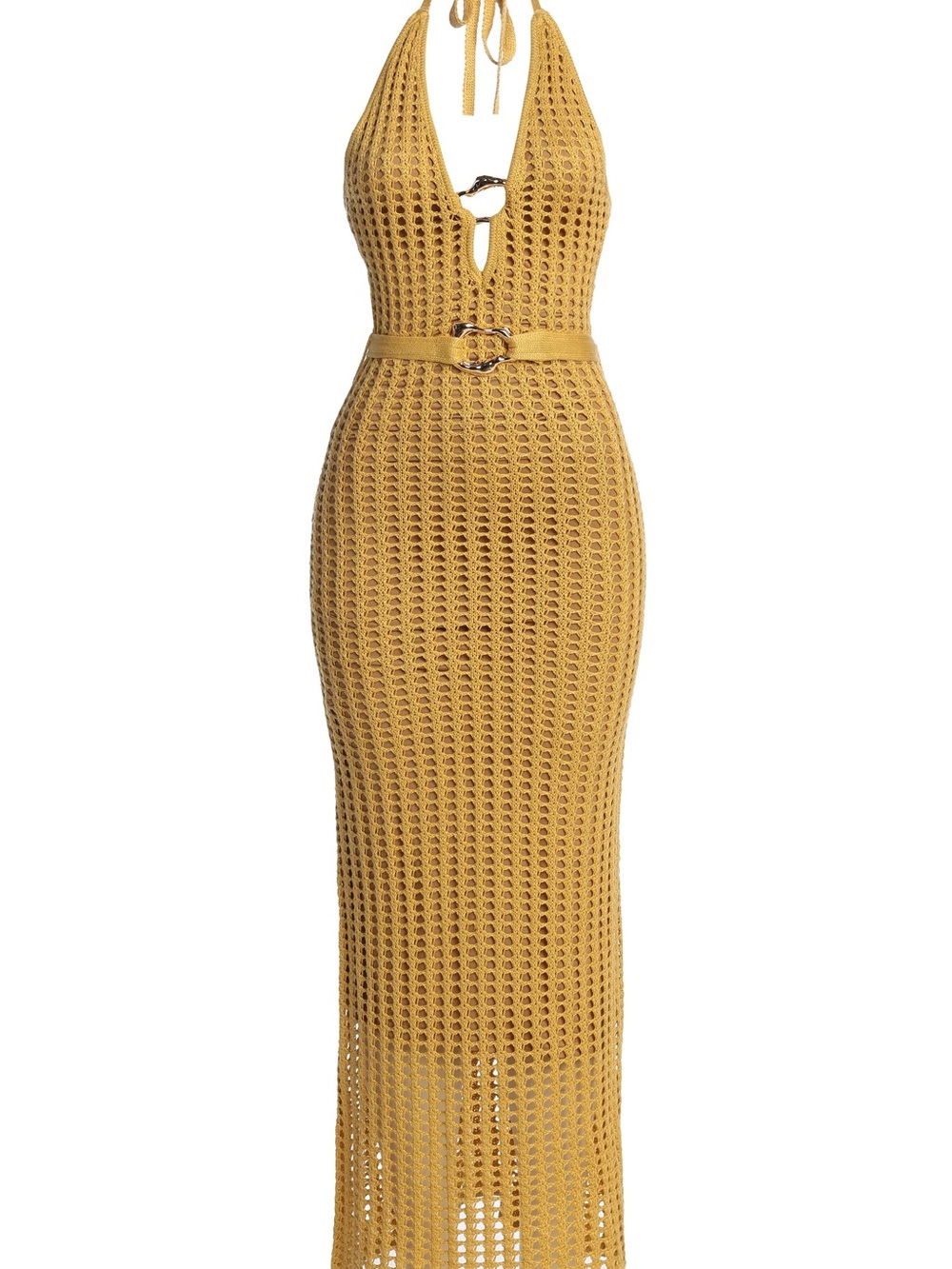 JLUXLABEL Mustard Crochet Halter Maxi Dress with Belt